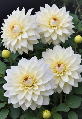 Blooming white dahlias in a garden setting during daylight