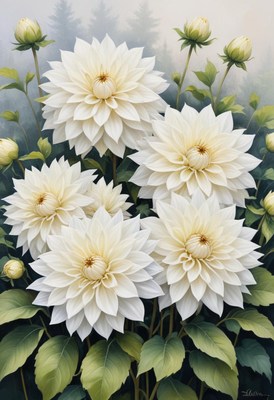 Beautiful white dahlias bloom in a serene garden setting