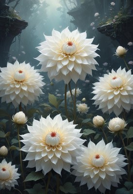 Stunning white dahlias bloom in enchanting forest setting