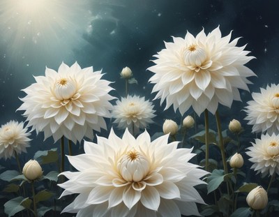 Elegant white flowers bloom under soft light at night