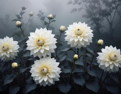 Delicate white flowers bloom in misty garden setting