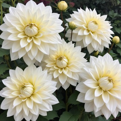 Bright white dahlia flowers bloom in garden setting
