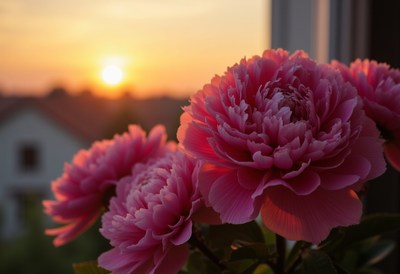 Beautiful peonies bloom at sunset in a serene garden