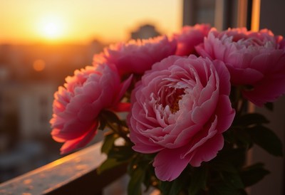 Beautiful peonies blooming during a sunset on a balcony