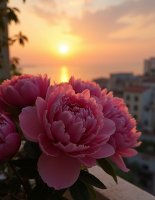 Vibrant pink flowers against a picturesque sunset view