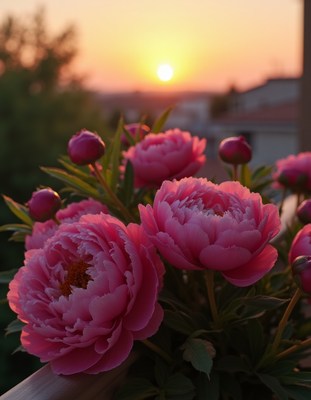 Beautiful peonies bloom during sunset near a city