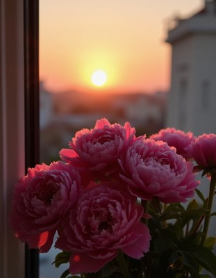 Beautiful pink flowers against a vibrant sunset backdrop