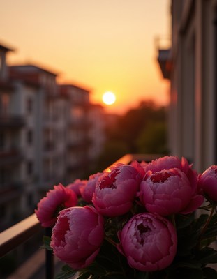 Sunset view with peonies on a balcony in a city