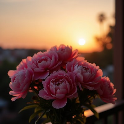 Pink flowers bloom during sunrise near a balcony