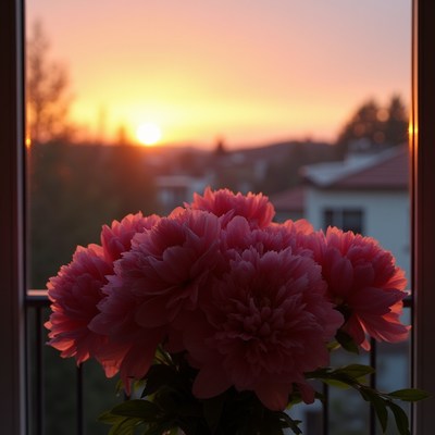 Sunset view with pink peonies in foreground