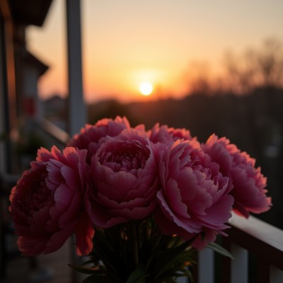 Colorful peonies at sunset on a balcony in spring