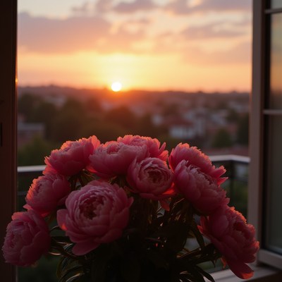 Sunset view with pink flowers in a cozy setting