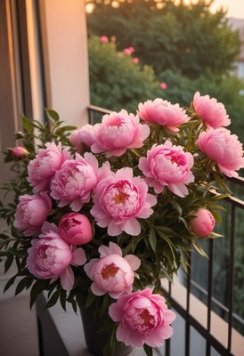 Bouquet of pink peonies on a sunny balcony in summer