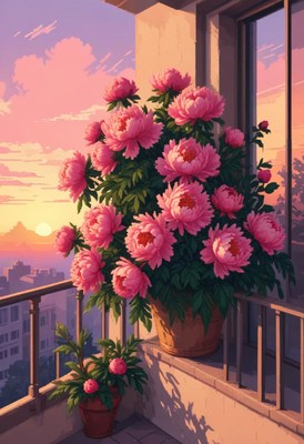 Peonies bloom on balcony at sunset in vibrant city