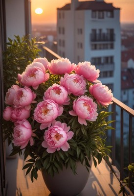 Peonies bloom on urban balcony during sunset