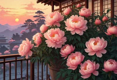 Blooming peonies in a tranquil garden at sunset