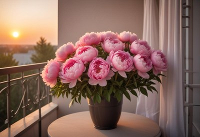 Peonies blooming on a balcony during sunset glow