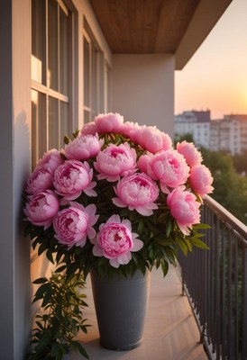 Blooming peonies on a balcony at sunset in the city