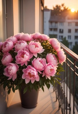 Pink peonies blooming on a balcony at sunset