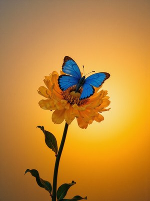 Bright blue butterfly rests on a yellow flower at sunset