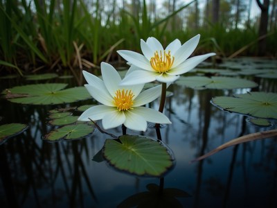 White water lilies bloom in serene pond during morning light