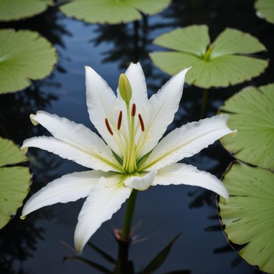 Beautiful white lily blooms in tranquil pond waters