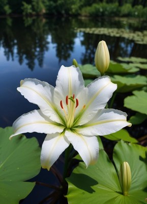 Water lily blooms gracefully by the serene lake
