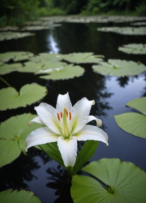 Beautiful white lily blooming on serene pond waters