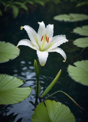 Elegant white lily blooming in tranquil water setting