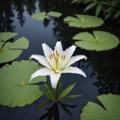 White lily blooming on serene water surface in nature