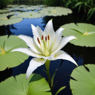 Lovely white lily blossoms on a serene pond