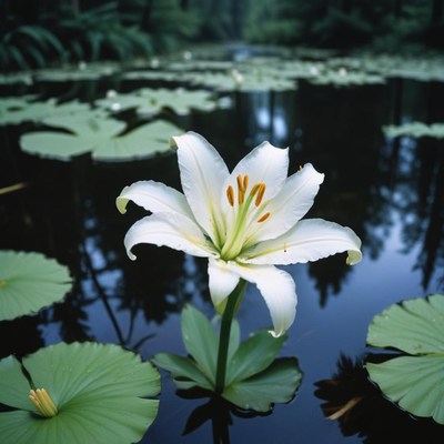 White lily blooms on tranquil pond surrounded by leaves