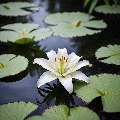 Beautiful white lily blooms on tranquil water surface