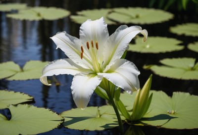 White lily blooming in a serene pond setting