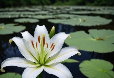 Beautiful white lily blooming by tranquil pond waters