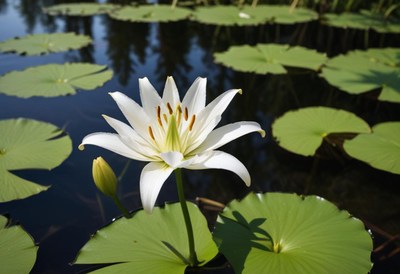 Beautiful white lily blooming on a tranquil pond