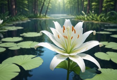 Beautiful white lily blooming by tranquil forest pond