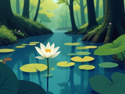 Serene lily blooms in a tranquil forest pond