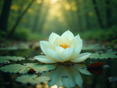 White water lily blooming in serene forest pond