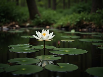 Water lily blooms on still waters in a serene forest