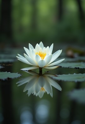 Water lily blossoms on a tranquil pond in the forest