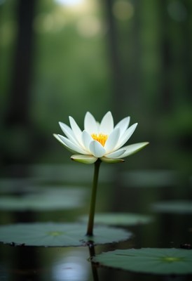 Blooming white water lily in serene forest pond