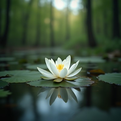 White water lily blooms serenely on a calm pond