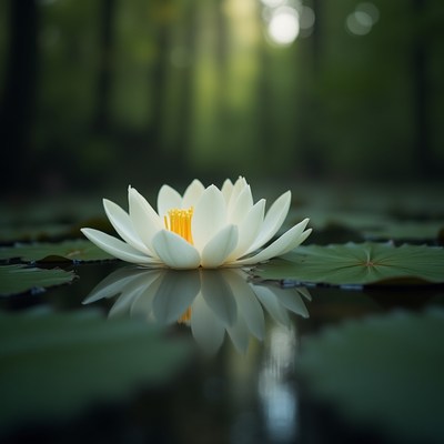 Beautiful white water lily blossoms in serene pond