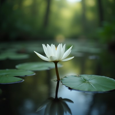White water lily blooms in serene pond at dusk
