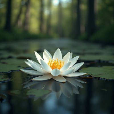 Beautiful white water lily blooming on a serene pond