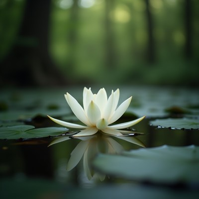 White water lily blooms on a tranquil pond in nature