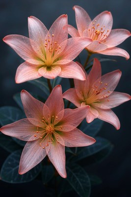 Beautiful pink lilies blooming in a dark background