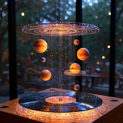 Floating planets with glowing rings in a dark setting