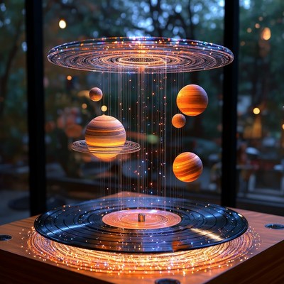 Floating planetary display surrounded by ambient light